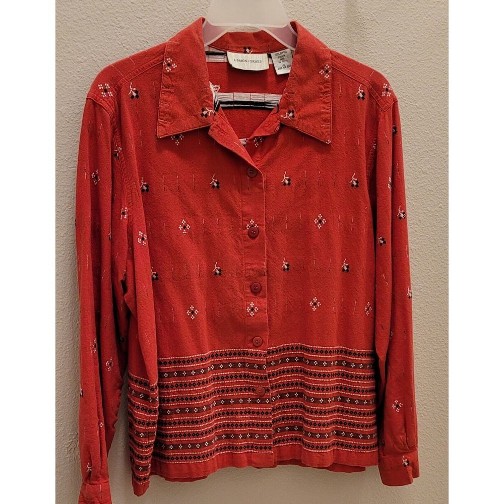 Lemon Grass women's large long sleeve Red shirt. Black & White Geometric Pattern